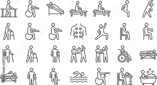 Bild auf Leinwand Physical therapy and rehabilitation outline icon set featuring patient exercises