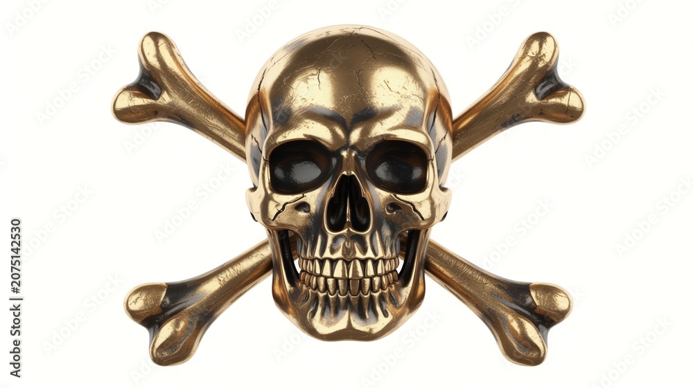 Fototapeta premium Shiny metallic golden skull and crossbones icon rendered in high resolution isolated on white background