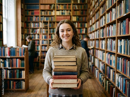 Student holding books in a library.