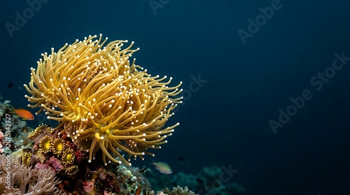 Vibrant yellow sea anemone on coral reef in deep blue water
