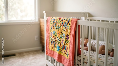 Peaceful baby sleeping in a white crib with colorful textile
