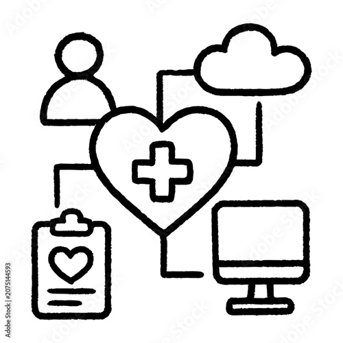 Connected Healthcare Ecosystem Hand Drawn Doodle Black Ink Line Line Icon