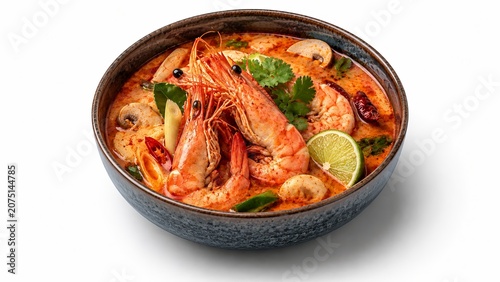 Gourmet Tom Yum soup isolated isometric 3D illustration, premium Thai spicy seafood bowl render for modern menu design