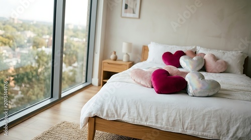 Heart shaped pillows on a cozy bed in a modern apartment bedroom