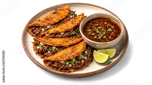 Crispy birria tacos with consomme dip isolated isometric 3D illustration, premium luxury Mexican food presentation render