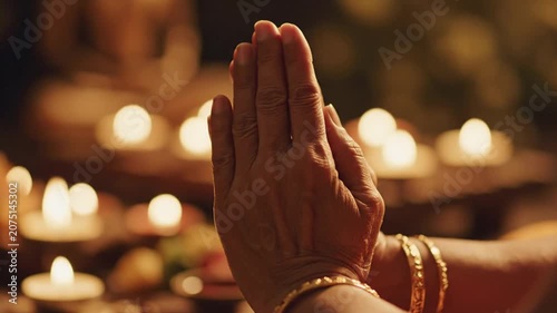 Person praying with folded hands during traditional candle ceremony.