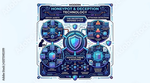 Cybersecurity infographic showing honeypot and deception technology
