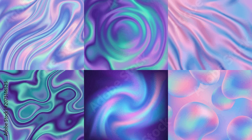 Holographic background textures with swirls and bubbles in purple and blue