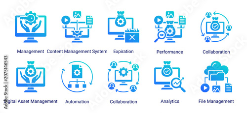Quadro su tela Asset Management icon set featuring governance,automation,collaboration,and file management for efficient digital asset operations