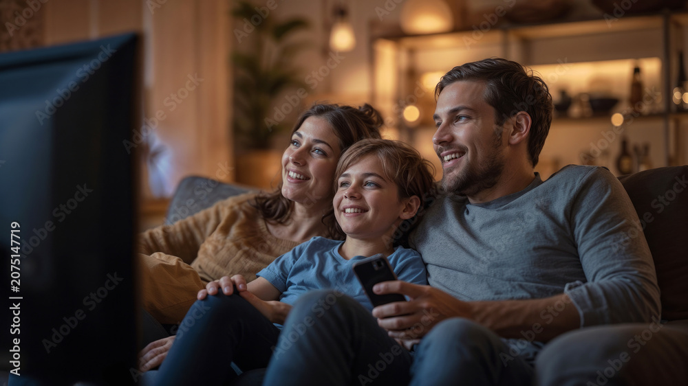 Fototapeta premium Family with child relaxing on couch watching TV together in the evening