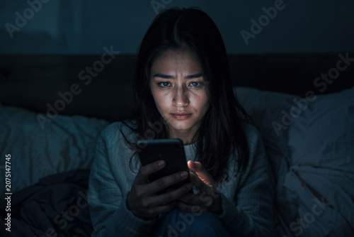 Woman with a worried expression uses her mobile phone at night in bed, reading a text message with bad news, experiencing stress and sadness at home