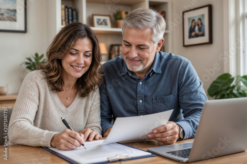 Portrait of European woman and man sign an insurance policy and liability agreement. An family signs a legal document in an office