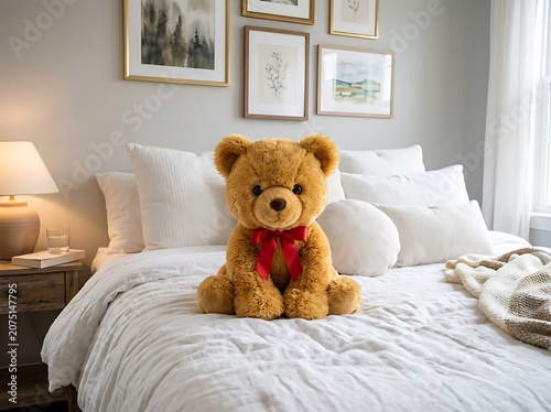 Teddy bear sitting on cozy white bed in bedroom.