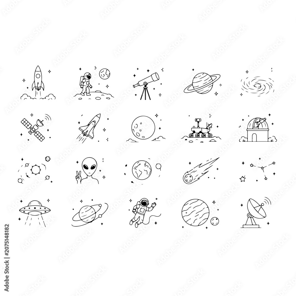 Obraz premium Space exploration and astronaut line icon collection