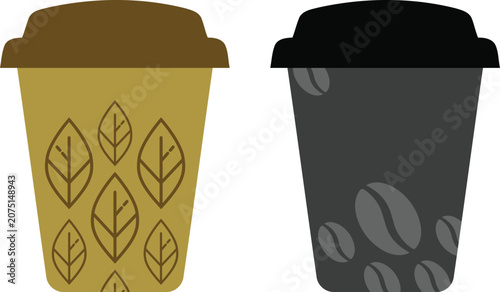 Tableau sur toile Illustration of two eco friendly coffee cups mockup with leaf and coffee bean de