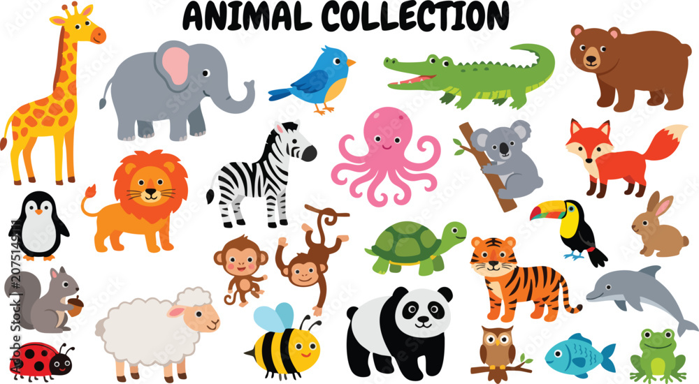 Naklejka premium A colorful collection of various animals in an illustration.