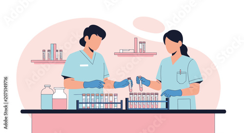 Medical professionals in lab coats working with test tubes in a laboratory setting.