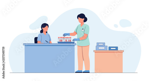 Medical professionals in lab coats handling blood samples and patient care in a clinic setting.