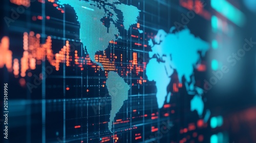 Image details Digital world map (dottedgrid style), glowing blue continents, orangered stock market datagraphs, dark background, grid lines, shallow depth of field (bokeh effect).