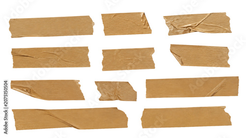 set of brown adhesive torn tape isolated transparent png background,Paper tape sticker with ripped edges,Design template or mockup.Torn masking tape