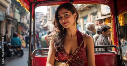 Smiling Woman Riding Rickshaw Through Busy Indian Street Market