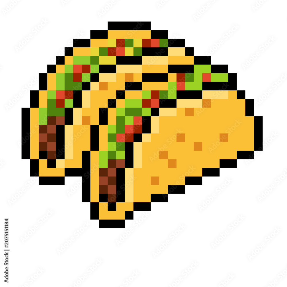 Fototapeta premium Retro pixel art illustration of two delicious Mexican tacos with crunchy shells, meat, lettuce, and tomatoes. 8-bit or 16-bit arcade video game style food asset