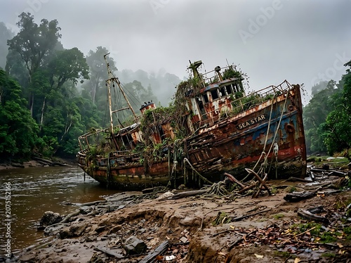 Abandoned rusty logging train in forest clearing.