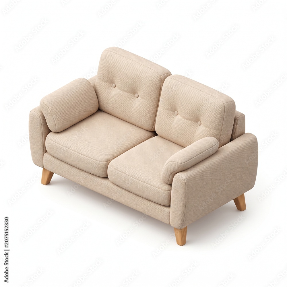 Fototapeta premium Modern Beige Fabric Loveseat Sofa Isolated on White Background
