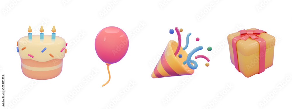 Fototapeta premium set 3d icons birthdays and celebrations, featuring a birthday cake, balloons, a party popper, and a gift box illustration