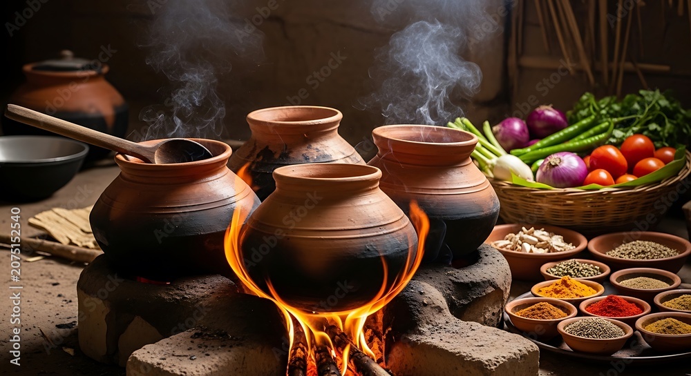 Fototapeta premium Traditional clay pots cooking food over an open wood fire in a rustic kitchen