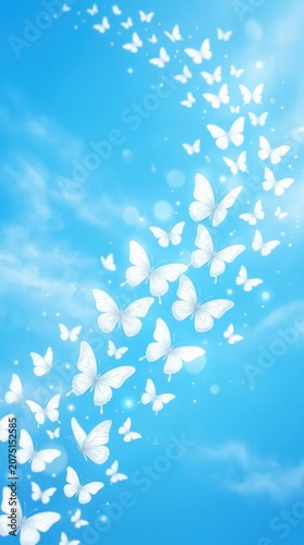 A bright blue background with white butterflies flying upwards gracefully