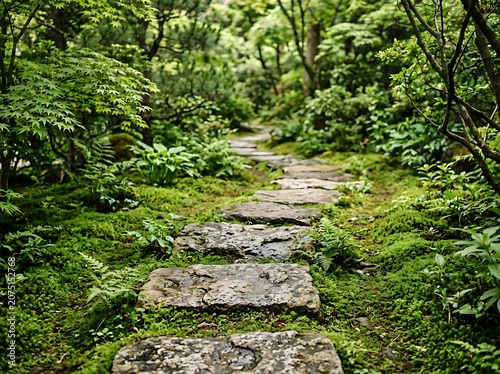 Serene forest path winding through lush green foliage.