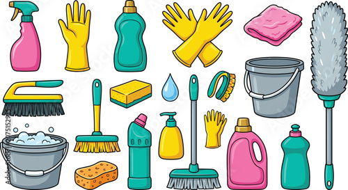 Photos Cartoon cleaning supplies and tools vector collection featuring spray bottles, brooms, buckets with soap foam, sponges, and rubber gloves isolated on white background