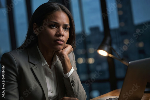 Unhappy Black businesswoman woman with laptop in dark office at night