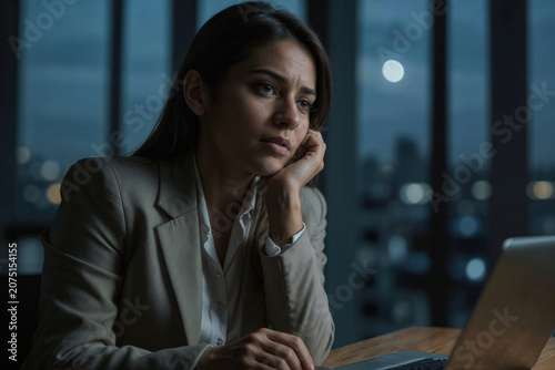 Unhappy European businesswoman with laptop in dark office at night