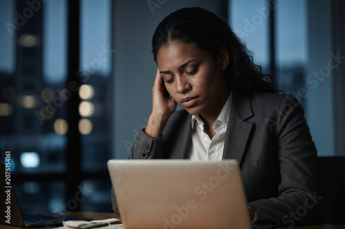 Tired unhappy Black manager woman with laptop in dark office at night