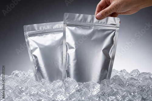Hand Holding Matte Silver Foil Zipper Pouch Mockup on Ice Cubes, Metallic Aluminum Bag Packaging for Frozen Food or Coffee