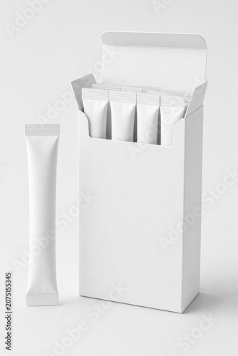 White Cardboard Packaging Box with Single Serving Sachet Sticks Mockup, Blank Stand Up Box for Powder Coffee, Collagen, Sugar, or Supplement Sticks
