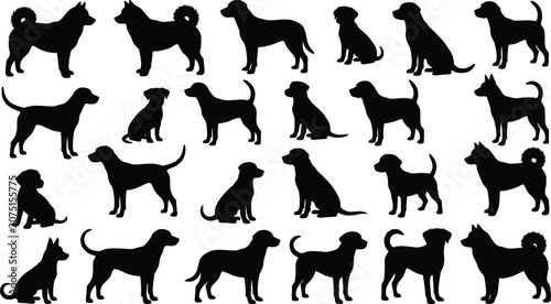 Canvastavla Black dog silhouettes vector collection featuring various canine breeds sitting and standing in profile view isolated on a white background