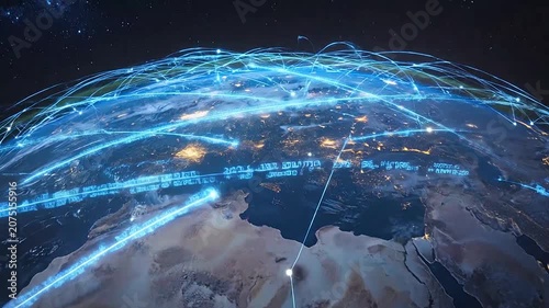 A glowing digital network connects cities across the dark planet