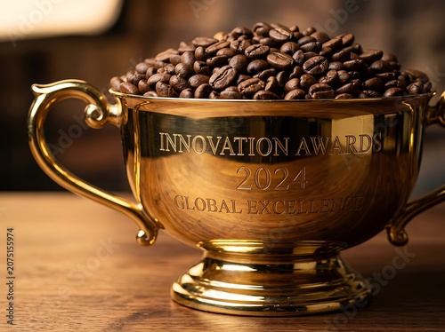 Golden trophy filled with coffee beans on wooden table.
