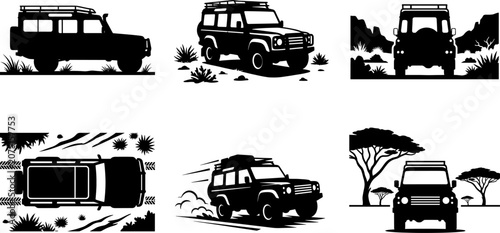 Safari adventure vehicle silhouette set showing off-road jeeps driving through wild savanna terrain