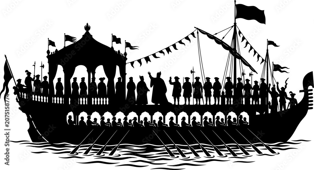 Obraz premium Grand royal galley with multiple rowers and noble figures standing on deck
