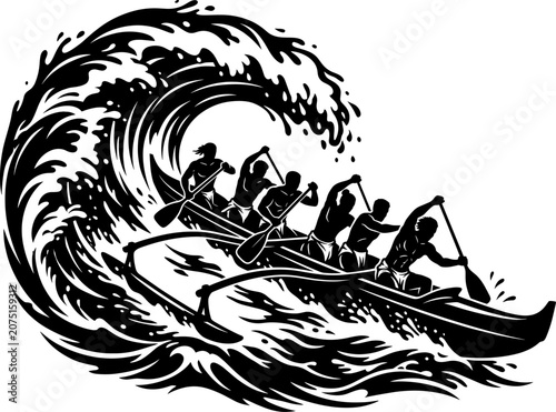 Silhouette of rowers in an outrigger canoe paddling through a giant curling wave