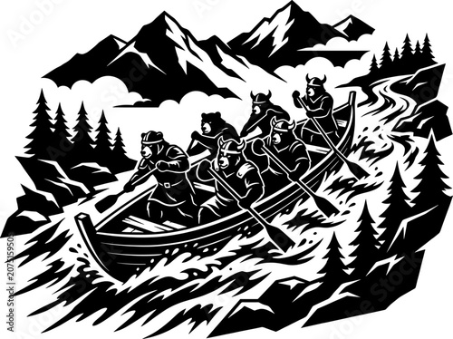 Viking bear warriors row wooden longboat down fast rapid river in pine forest