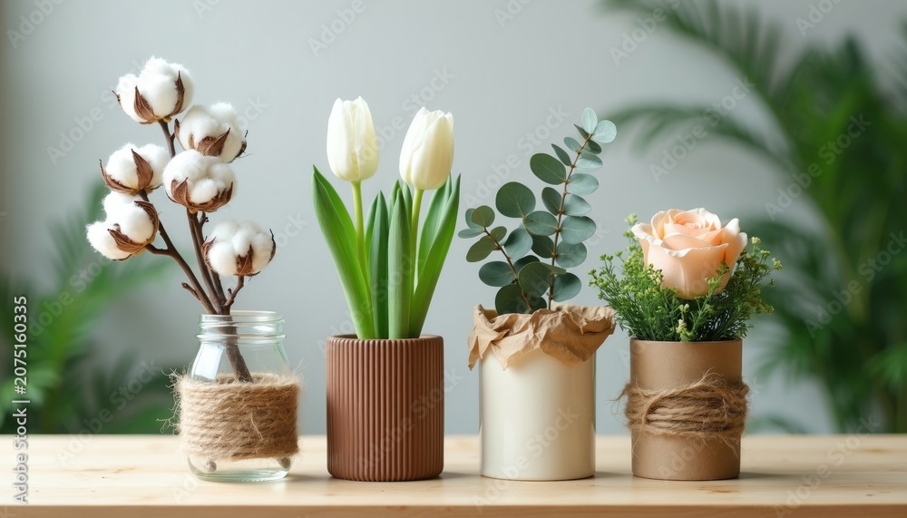 Obraz premium Four decorative pots with plants and flowers arranged on a wooden table. Cotton plant, tulips, eucalyptus, and rose are in rustic recycled containers. Natural eco decor for home.