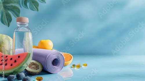 fresh healthy lifestyle scene with water, vitamins, fruit and yoga mat