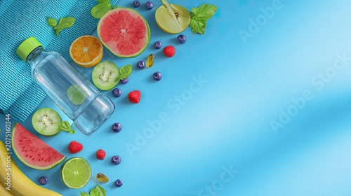 fresh healthy lifestyle scene with water, vitamins, fruit and yoga mat
