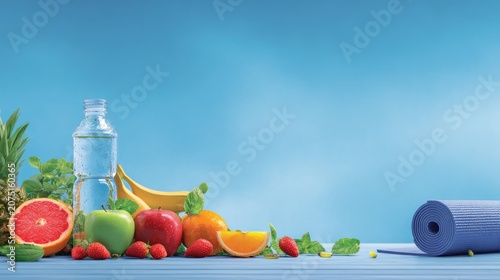 fresh healthy lifestyle scene with water, vitamins, fruit and yoga mat