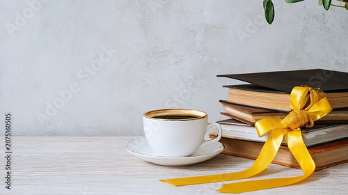 graduation-themed desk scene with books, diploma ribbon and coffee